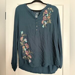 Sonoma Teal Blouse with Floral Embroidery Like New